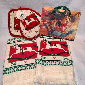 Vintage Christmas Rocking Horse Kitchen Towels & Potholders 4-Pc Set 1992 NWT